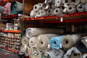 Close-up view of various rolls of carpet and flooring materials stored on shelves at Mill Sales Co. in Los Angeles, CA