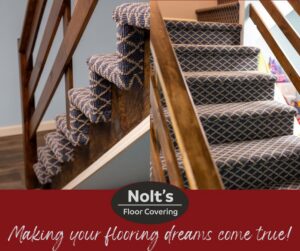A beautifully installed carpet runner on wooden stairs, showcasing a carpet contractor job by Nolt's Floor Covering in Ephrata, PA.