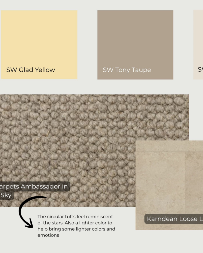 An Ambassador in Sky carpet sample shown with coordinating colors by Bonsai Flooring in Spanish Fork, UT.