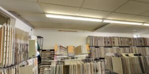Various carpet sample displays arranged in the showroom of Eatherton's Fashion Floors in St. Louis, MO.