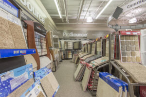 Carpet sample racks in the Prosource of Erie showroom, offering a wide selection in Erie, PA.