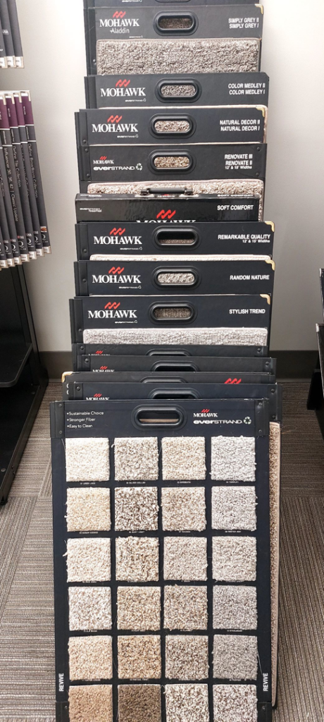 A display of various carpet samples from Mohawk at BBR Flooring in Colorado Springs, CO