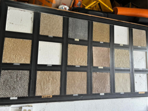 A display of various carpet samples for selection at Delgado Carpet Services in San Jose, CA