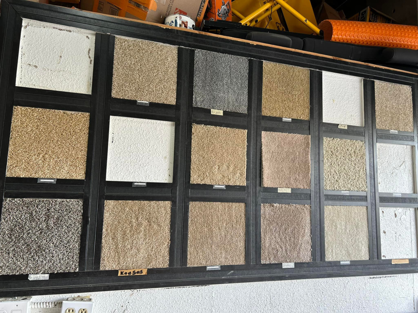 A display of various carpet samples for selection at Delgado Carpet Services in San Jose, CA