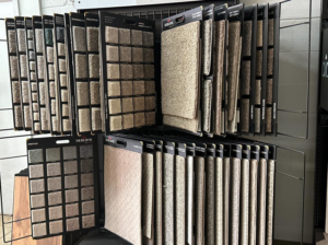 Various carpet samples on display racks at Discount Flooring in Albany, NY