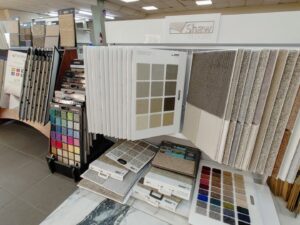 A display of various carpet samples from Shaw Floors at SurfacePros, a carpet contractor in Austin, TX.