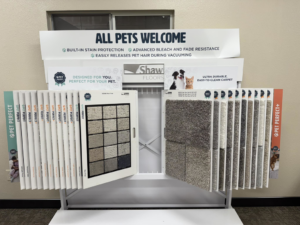 A display of various Shaw Pet Perfect+ carpet samples at EDC Flooring inc in Sacramento, CA