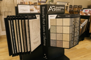 A display of various carpet samples for selection at Victor Silas Floors in Trinity, AL.