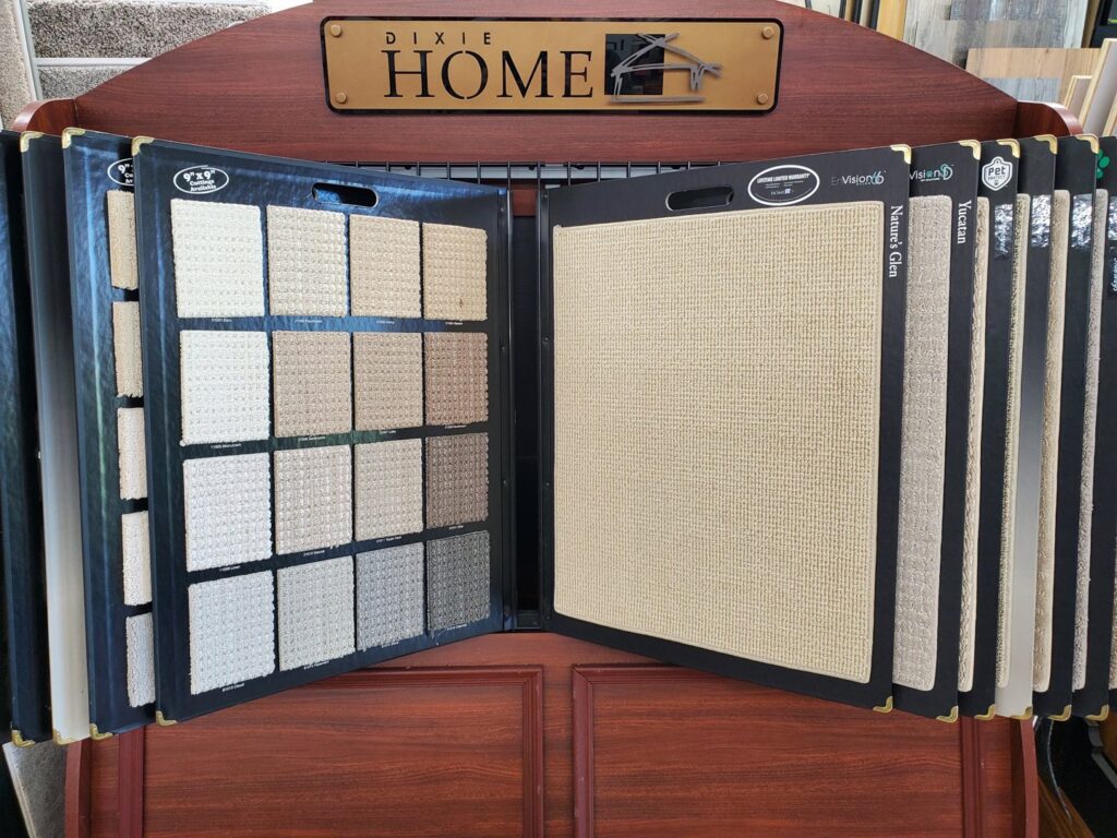 A display of various carpet samples from Dixie Home at St. Charles Decorating Center in St. Charles, MO.