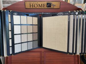 A display of various carpet samples from Dixie Home at St. Charles Decorating Center in St. Charles, MO.