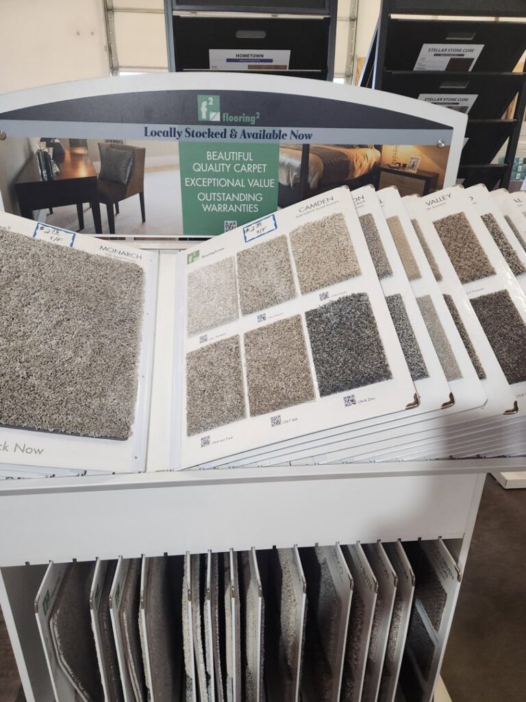 A display of f2 flooring carpet samples at Above and Beyond Floors in Post Falls, ID