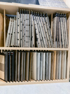 Close-up of various carpet samples displayed in the Gorman Floors mobile showroom in Springfield, MO.