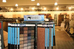 Carpet samples and a Resista brand display in the ProSource Flooring Kitchen & Bath showroom in Naperville, IL.