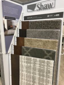 A display of Shaw Air Plush Cushion carpet samples at Francesca's Flooring & More in Cary, NC.