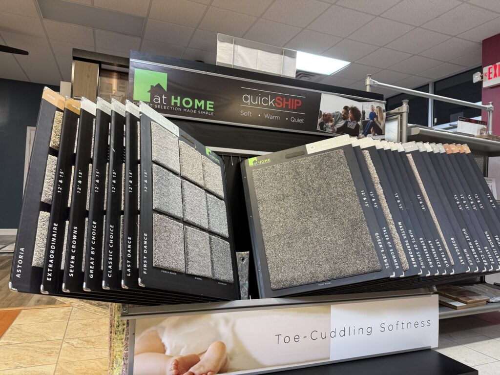 A display of various carpet samples in a showroom at A-1 Floors in Fairfield, CA.