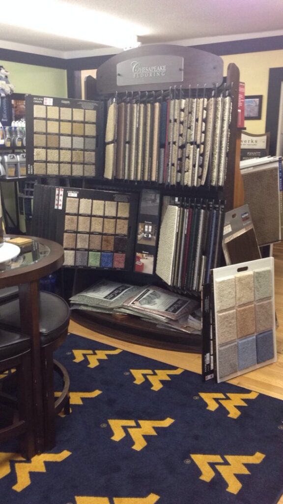 Carpet samples and flooring displays in the showroom of Jordan's Flooring in Martinsburg, WV