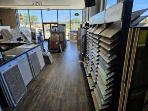 Variety of carpet samples displayed in the KVR Floors & More showroom in Green Bay, WI