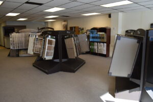 A wide selection of carpet samples displayed in the showroom at Plains Floor & Window Covering in Riverton, WY.