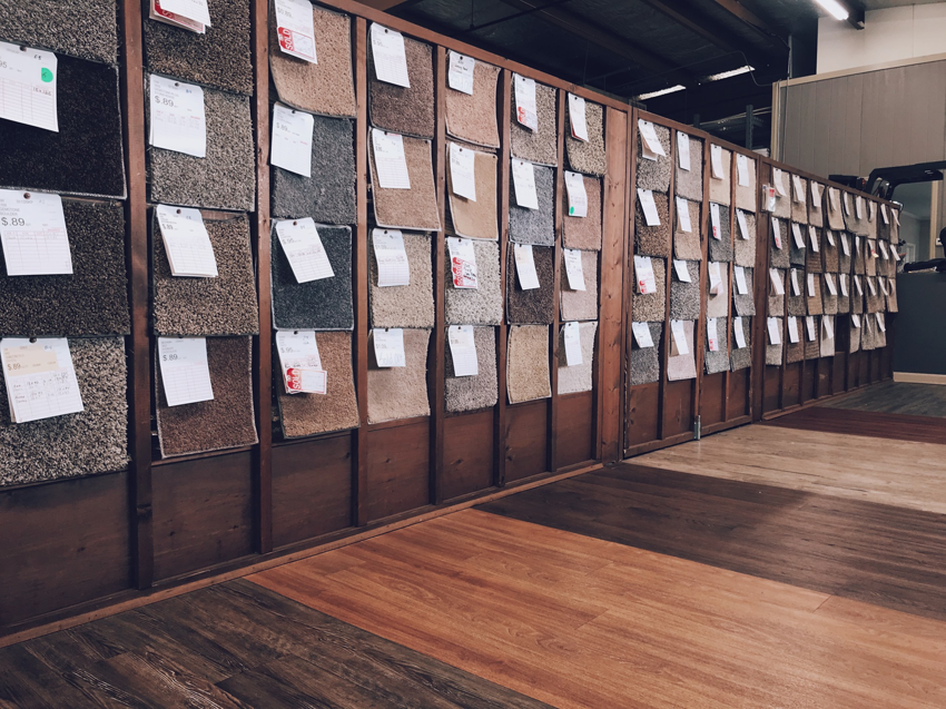 A wide selection of carpet samples displayed in the showroom at The Carpet & Decorating Center in Phenix City, AL.