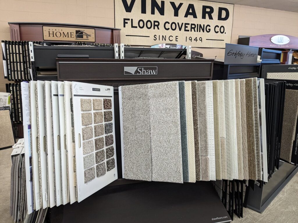 A wide selection of carpet samples displayed in the showroom at Vinyard Floor Covering Co. Inc. in Knoxville, TN