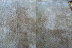 A before and after view of a carpet seam repair performed by The Carpet Specialists in Houston, TX.