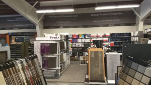 A view of the carpet selection area in the Prosource of Erie showroom, featuring various samples in Erie, PA.