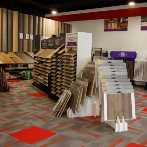 Interior view of the carpet showroom display at Big Bob's Flooring Outlet Wichita, KS, featuring various carpet options.