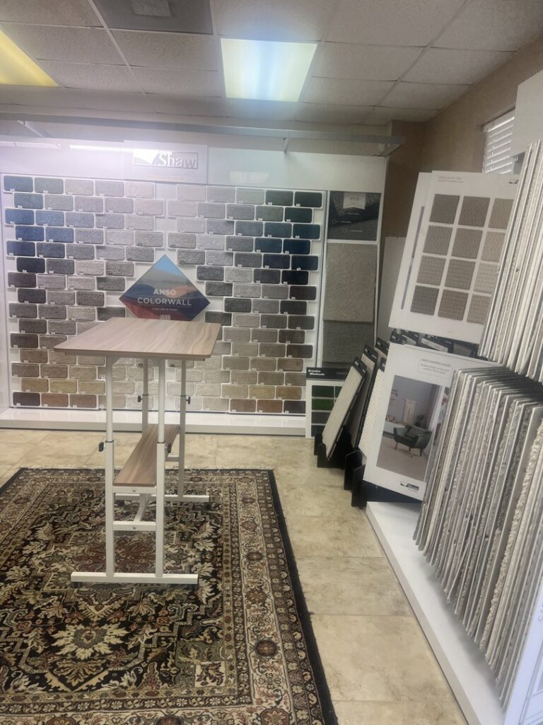 A wide selection of carpet samples displayed in the showroom at Hubbard Flooring Studio in Baton Rouge, LA.