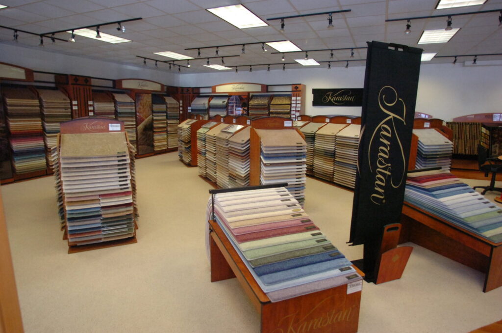 A wide view of the carpet showroom featuring various samples and displays at Craft Rug Mills in Easton, PA.