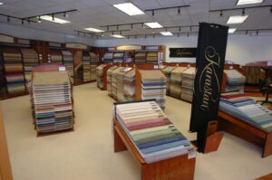 A wide view of the carpet showroom featuring various samples and displays at Craft Rug Mills in Easton, PA.