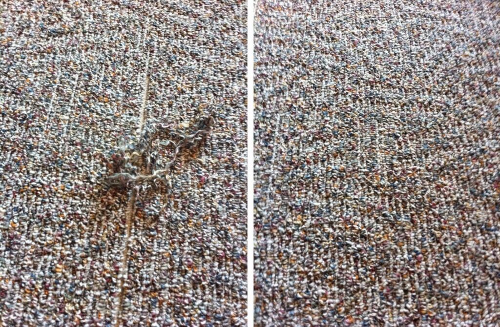 A close-up before and after view of a carpet snag repair by The Carpet Specialists in Houston, TX.