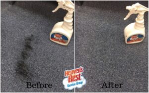 Before and after comparison of a blue carpet, showing a dark stain removed with Heaven's Best Carpet Cleaning Hilton Head Island SC.