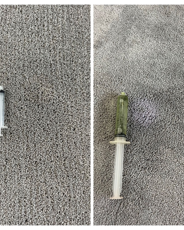Before and after comparison of carpet spot treatment by Hughes Dry Professional Carpet Care in Marietta, GA, showing a syringe for application.