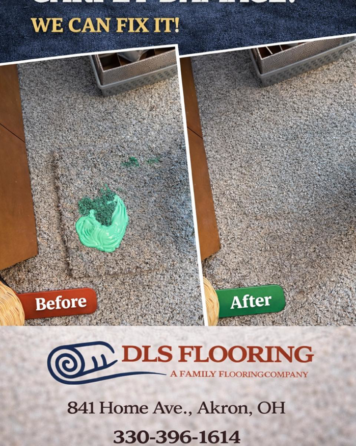 Before and after comparison of a carpet stain removal service performed by DLS Flooring in Akron, OH.