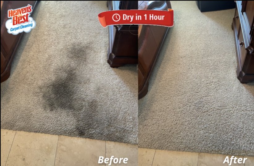 Before and after of carpet stain removal, highlighting the "Dry in 1 Hour" service by Heaven's Best Carpet Cleaning of Rio Rancho ABQ.