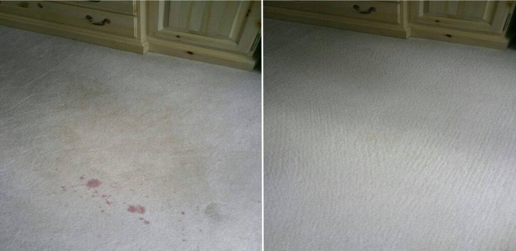 Before and after comparison of a carpet with a red stain, successfully removed by Eco Carpet Cleaning in Indianapolis, IN.