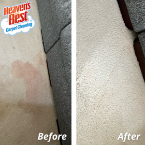 Before and after comparison of a red stain removed from a carpet by Heaven's Best Carpet Cleaning in Wasilla, AK.