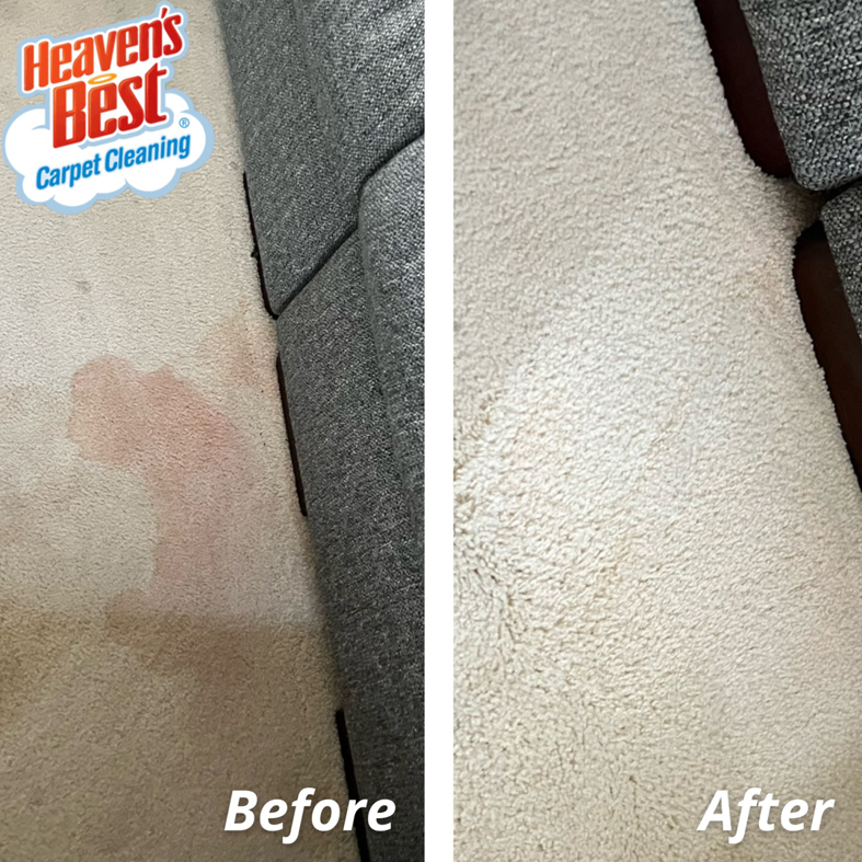 Before and after comparison of a red stain removed from a carpet by Heaven's Best Carpet Cleaning in Wasilla, AK.