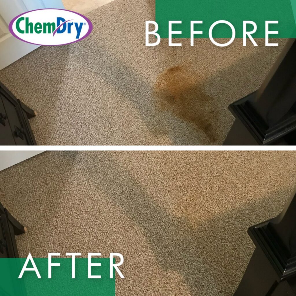 Before and after comparison of a carpet stain successfully removed by Mountainview Chem-Dry in Birmingham, AL.