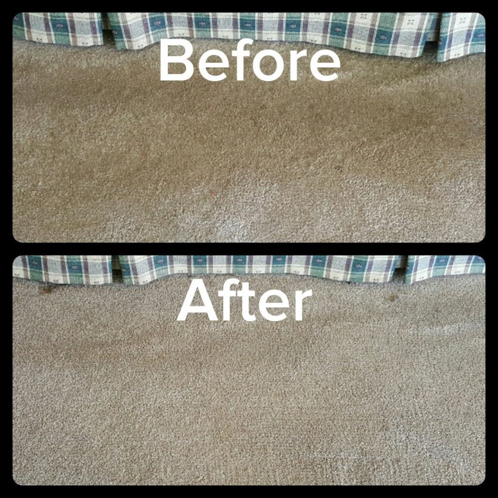 Effective carpet stain removal shown in a before and after image by Troy West Carpet Cleaning in Morristown, VT.