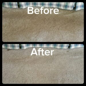 Effective carpet stain removal shown in a before and after image by Troy West Carpet Cleaning in Morristown, VT.