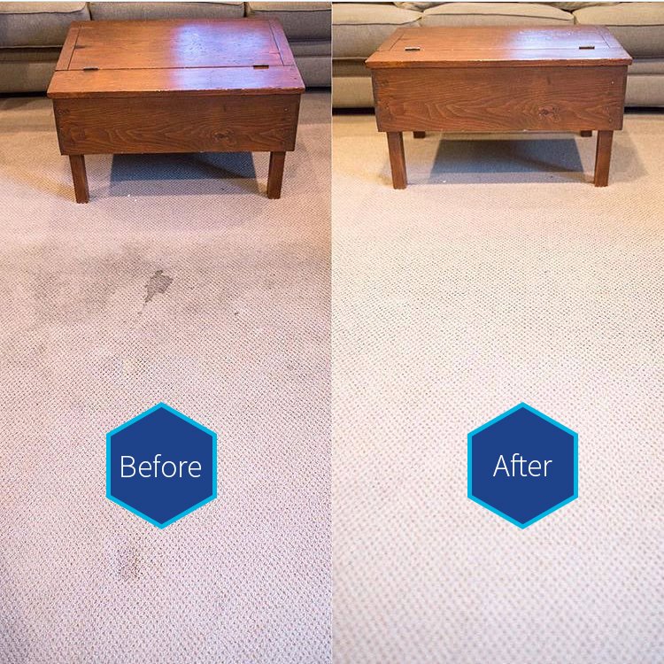 Before and after comparison of carpet stain removal service by Zerorez Charlotte, NC.