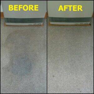 Before and after view of a carpet area near a heater, showing stain removal by Troy West Carpet Cleaning in Morristown, VT.