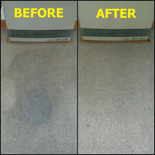 Before and after view of a carpet area near a heater, showing stain removal by Troy West Carpet Cleaning in Morristown, VT.