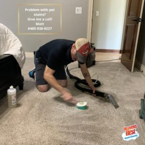 A technician from Heaven's Best Carpet Cleaning in Oklahoma City, OK, removing pet stains from a carpet.
