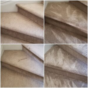 A four-panel collage showing before and after cleaning of carpeted stairs by Baymist Carpet Cleaning & Repair in Spokane, WA.