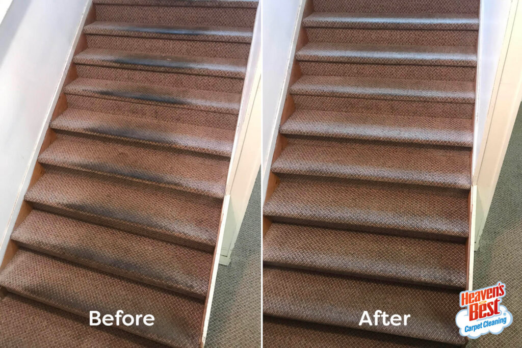Before and after view of carpeted stairs, showing dark stains removed by Heaven's Best Carpet Cleaning Hilton Head Island SC.