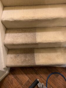 Before and after comparison of professional carpet cleaning on stairs by Zerorez Charlotte, NC.