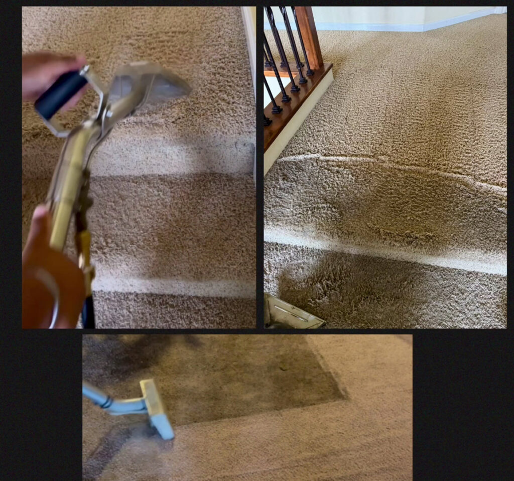 A collage showing carpet and stair cleaning services by The Barreto Brothers Carpet Cleaning in Sacramento, CA