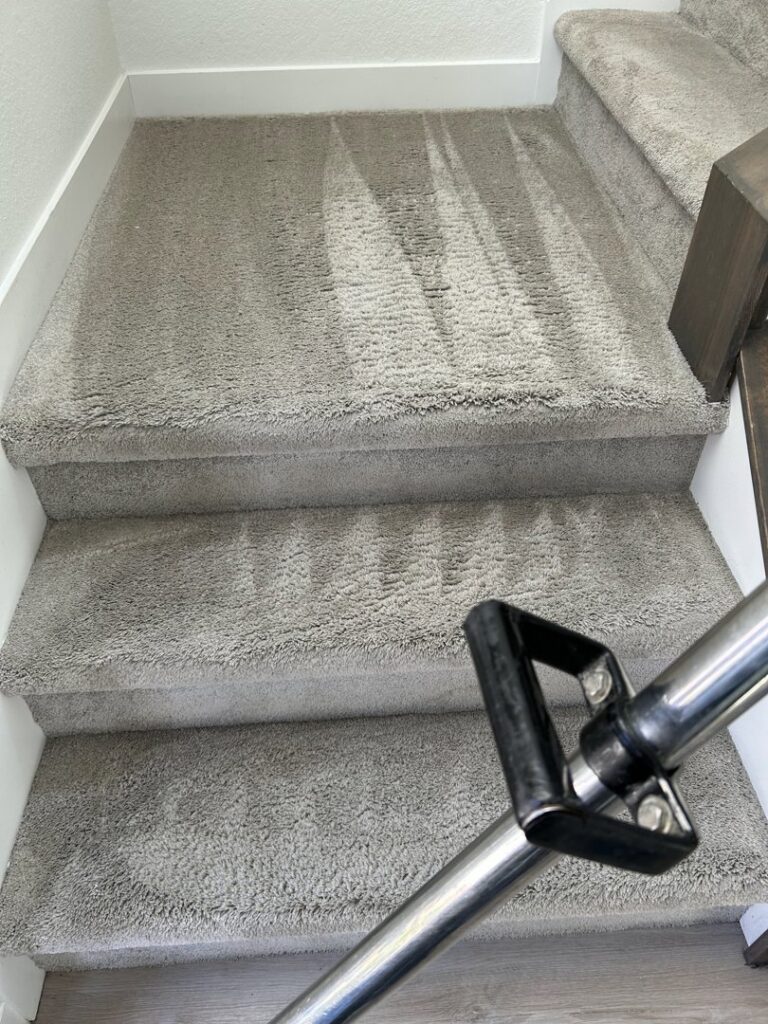 Carpet stair cleaning in progress, with a cleaning wand visible, performed by 303 Carpet Cleaning in Lakewood, CO
